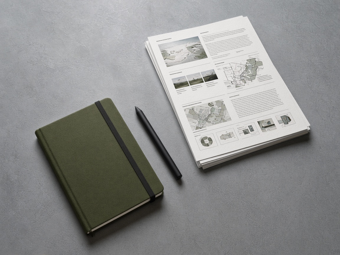 Notebook and printed multipage documents on a desk